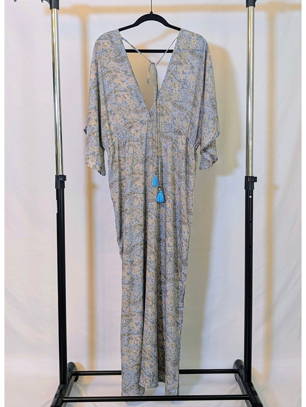 Karma Highway Blue Paisley Floral V-Neck Kimono Maxi Dress OS (One Size) Boho - Picture 2 of 6